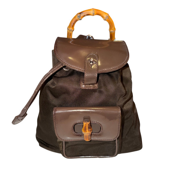 Vintage Gucci Brown Mini Backpack w/ Bamboo Handle Patent Leather + Nylon Auth main image 13